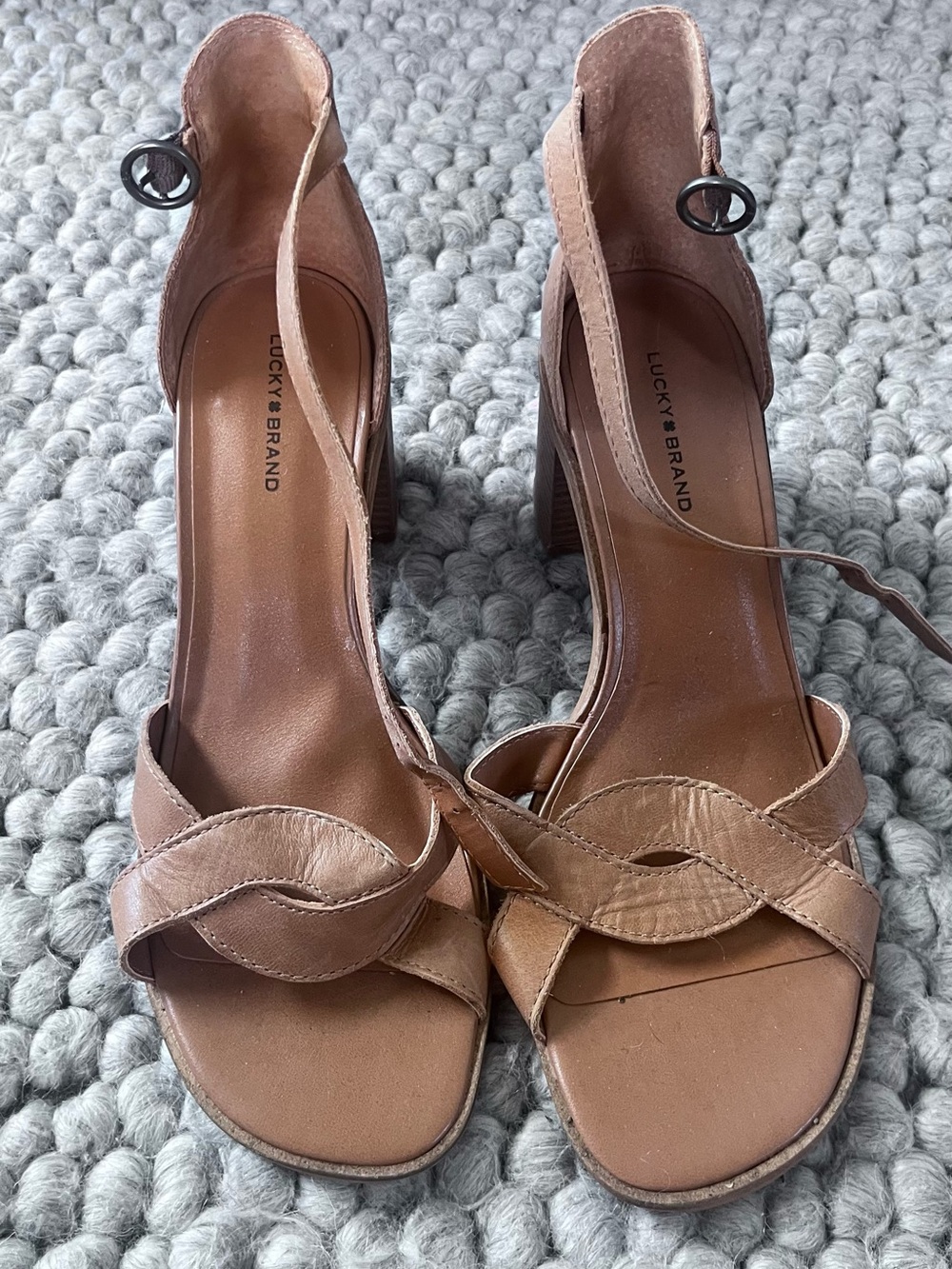 Lucky Brand Women's Brown Leather Block Heel Sandals with Ankle Strap